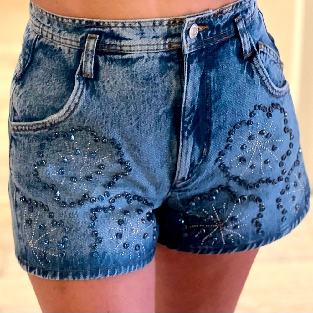 - Maje Denim Shorts with blue&silver sparkling rhinestones Size FR 38 /US …